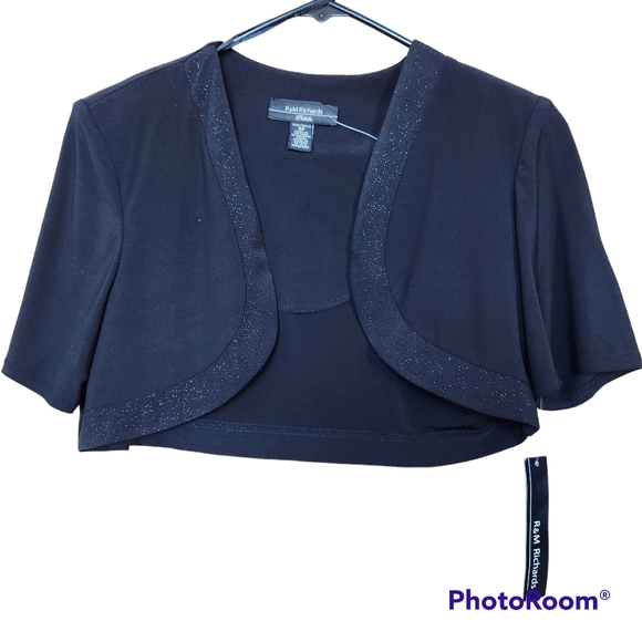 R & M Richards NWT Black Cropped Jacket/Coverlet/Shrug with Sparkle Trim 6P - Picture 1 of 11